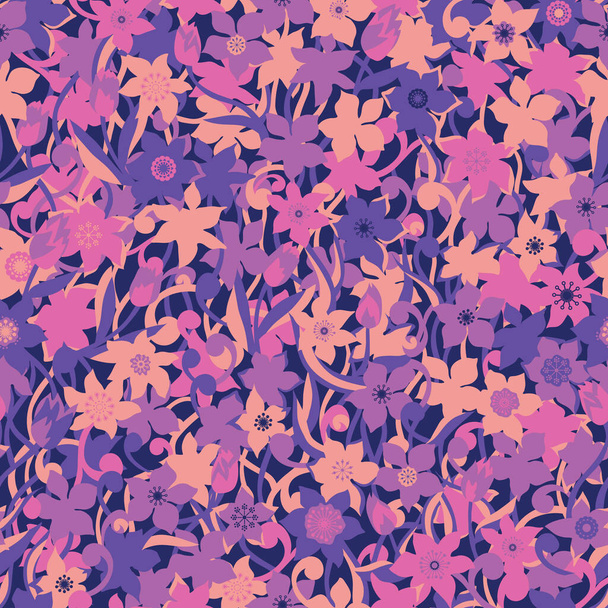 Tonális rózsaszín virágok vektor ismétlődő minta szárak és levelek. Minta szövet, háttér, csomagolás, textil, tapéta, ruházat. Vektorillusztráció - Vektor, kép