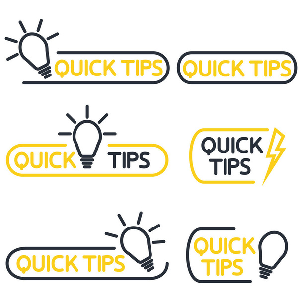 Quick tips icon or symbol set with black and yellow color and lightbulb element. Helpful tricks. Helpful idea, solution and trick illustration. Editable stroke. Quick tip icon set. Vector illustration - Vector, Image