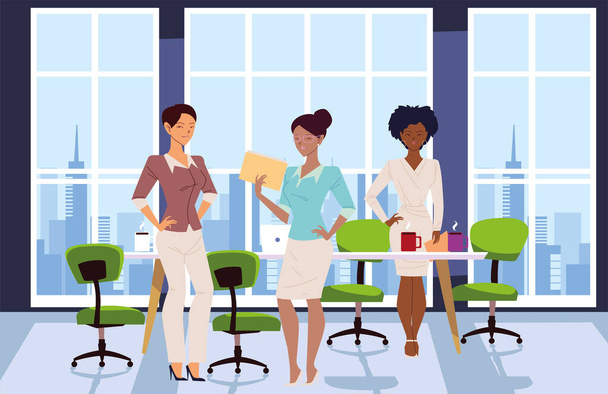 dibujos animados de mujeres de negocios con archivos delante de la mesa de reuniones de oficina diseño de vectores - Vector, imagen