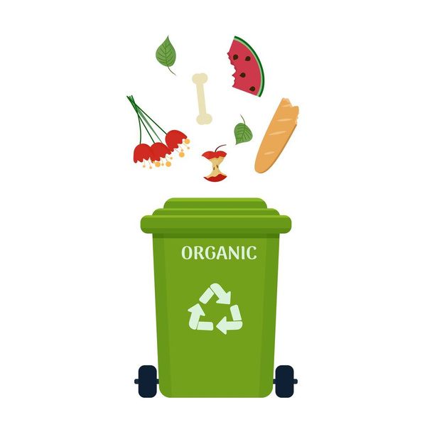 Vuilnisbak voor organisch afval in groene kleur geïsoleerd op witte achtergrond. Ecologie, afvalsorteerconcept. - Vector, afbeelding