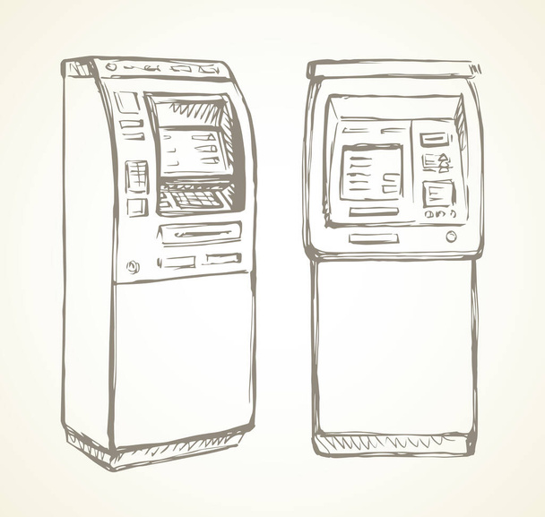 Web line κατάστημα επίδειξη δανείου bancomat περίπτερο pin κωδικό πληκτρολόγιο συσκευή ταμίας σε λευκό χαρτί. Περίγραμμα μαύρο χέρι που κερδίζουν δολάριο μισθοδοσία οθόνη λογότυπο σημάδι εικονίδιο έννοια σκίτσο σε γραφικό στυλ κινουμένων σχεδίων - Διάνυσμα, εικόνα