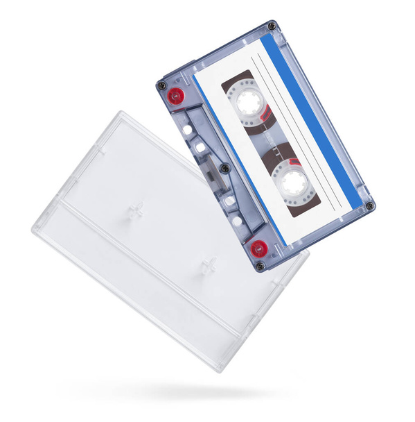Old audio tape compact cassette with box isolated on white background - Фото, изображение
