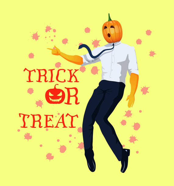 A chic man in a carnival face mask points his finger and stands on tiptoes in a dance pose. Jack o lantern character dressed in tuxedo is dancing. All saints eve concept greeting trick or treat card - Vector, Image