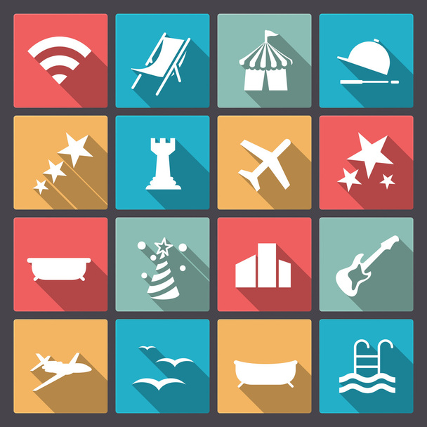 set of sixteen rest and entertainment icons in flat design - Vector, Image