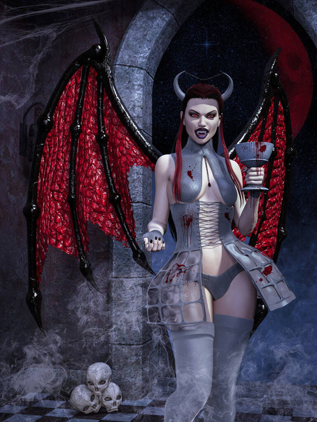 Un retrato de una joven vampiro con un cáliz y sangre - Foto, imagen