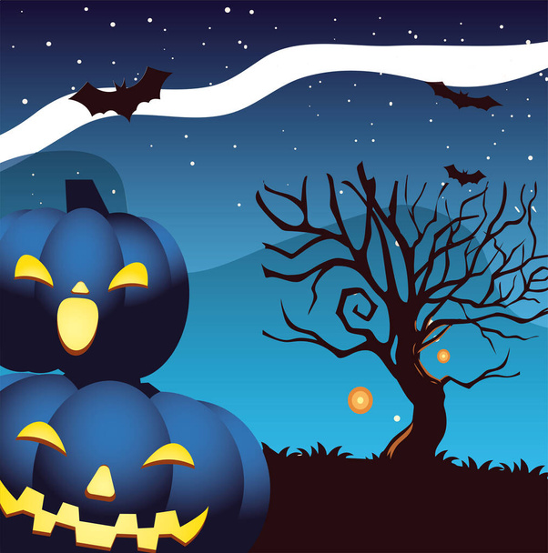 Halloween calabazas azules dibujos animados en el diseño de vectores de árboles - Vector, Imagen