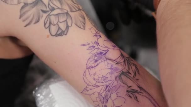 Tetováló művész csinál egy tetoválás egy fiatal lány kar. - Felvétel, videó