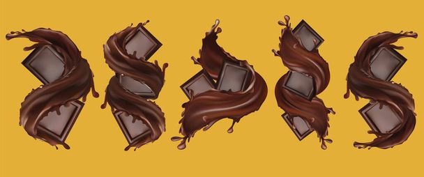 Schokoriegel mit Spritzer und Schokoladenflüssigkeit. Schokoladenstücke mit Tropfen. 3D-Illustration - Foto, Bild