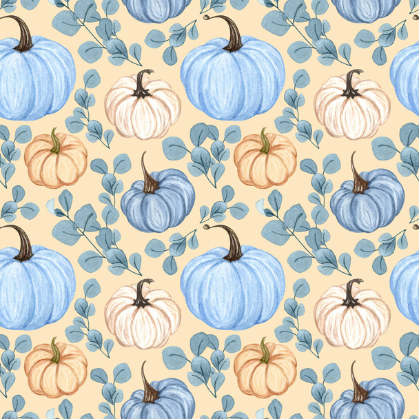 Watercolor pumpkins seamless pattern. Hand drawn autumn pumpkin with floral twigs. Fall background. - Fotoğraf, Görsel