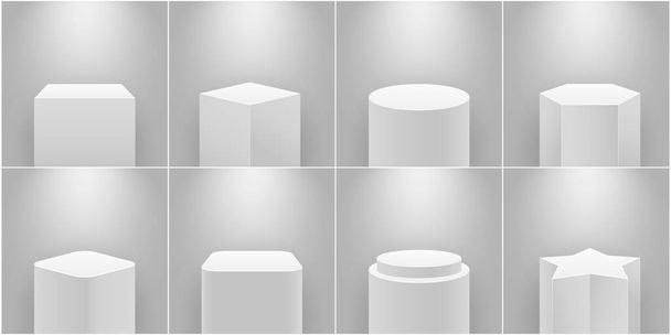 Museum stage. Empty product pedestal, white column. Platform for exhibition, expo podium and spotlight 3d realistic isolated vector set - Vector, imagen