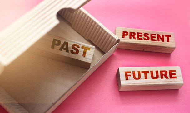 Past Present Future words on Wooden Blocks in the box and outside. The value of time concept. Positive mindset concept. - Photo, Image