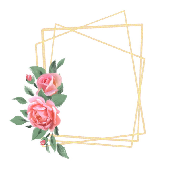 Elegant gold frame with roses. Suitable for decorating invitations, greeting cards - Fotoğraf, Görsel