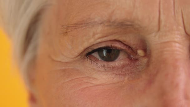 Macro shot of green eye of an old woman. Opening the eye - Footage, Video