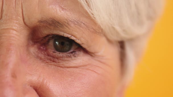 Макро-снимок зеленого глаза пожилой женщины, моргающей. - Кадры, видео