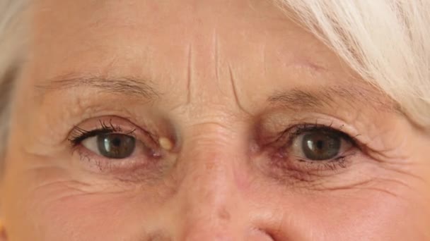 Lähikuva, vihreät silmät vanha hymyilevä nainen harmaat hiukset - Materiaali, video