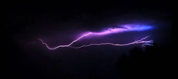 Vertakte bliksemschichten die een donkere lucht verlichten - Foto, afbeelding
