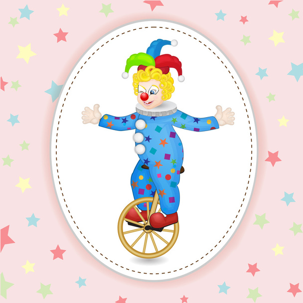 Lustiger Clown mit Einrad über Sternenhintergrund - Vektor, Bild