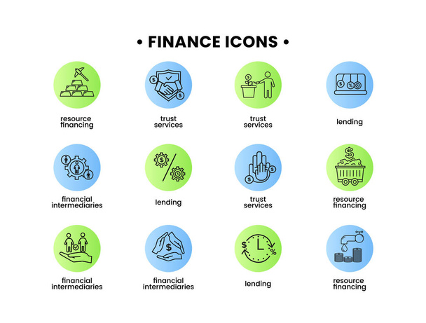 Pénzügyi ikonok beállítva. A pénzügyi közvetítő ikonok, az erőforrás-finanszírozás, a bizalmi szolgáltatások és a hitelnyújtás bemutatása. - Vektor, kép