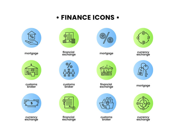 Finanční ikony nastaveny. Vektorové ilustrace celního makléře, hypotéky, finanční směnárny, směnárny - Vektor, obrázek