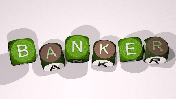 Bankentext durch tanzende Würfelbuchstaben, 3D-Illustration - Foto, Bild