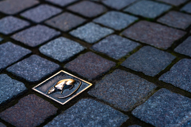 A view of the  historic rat emblem embedded in the cobblestone alleys of old town Hamelin - Photo, Image