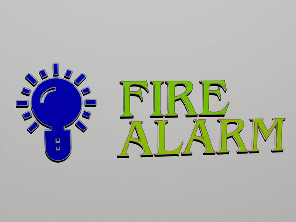 Image graphique 3D de l'alarme incendie verticalement avec texte construit par des lettres cubiques métalliques du point de vue du haut, excellent pour la présentation du concept et des diaporamas, illustration 3D - Photo, image