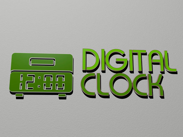иконка цифровых часов и текст на стене, 3D иллюстрация - Фото, изображение