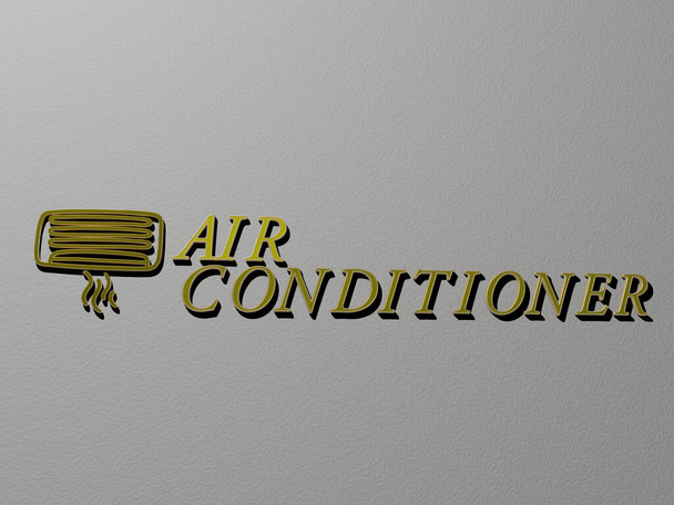 airconditioner icoon en tekst op de muur, 3D illustratie - Foto, afbeelding