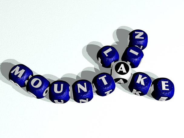MOUNTAIN LAKE crucigrama curvo de letras de dados cúbicos, ilustración 3D - Foto, Imagen
