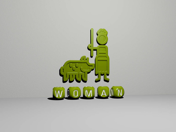 WOMAN 3D значок на стіні і текст кубічних алфавітів на підлозі, 3D ілюстрація
 - Фото, зображення