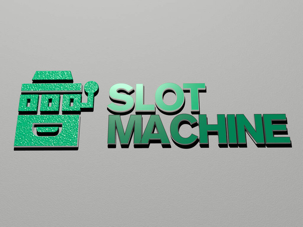 icona della slot machine e testo sul muro, illustrazione 3D - Foto, immagini