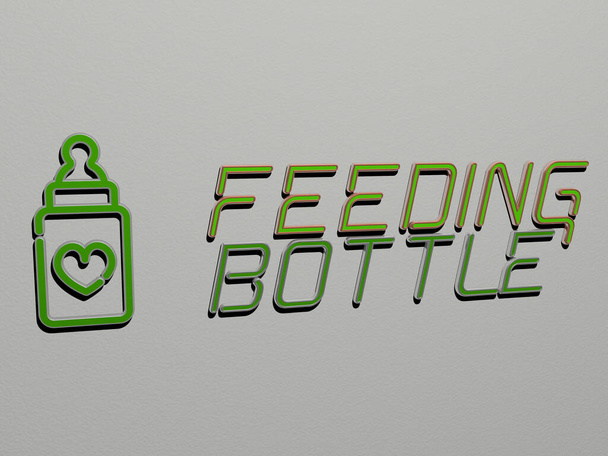 Fütterung Flaschensymbol und Text an der Wand, 3D-Illustration - Foto, Bild