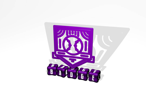 Abzeichen 3D-Symbol auf kubischem Text, 3D-Illustration - Foto, Bild