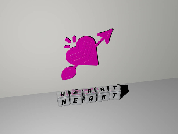 hart 3D icoon op de muur en kubieke letters op de vloer, 3D illustratie - Foto, afbeelding