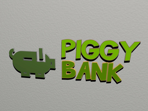 piggy bank icoon en tekst op de muur, 3D illustratie - Foto, afbeelding