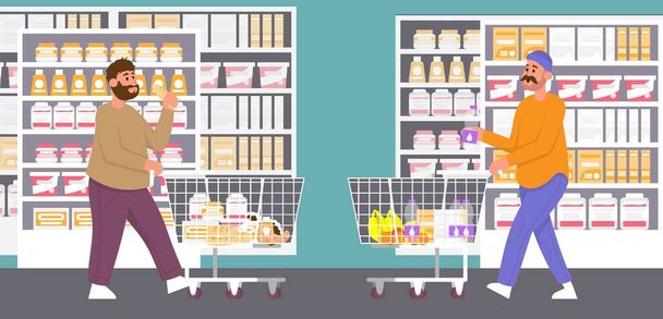 Slanke en dikke mensen kiezen voedsel in de supermarkt naar trolley. Obesitas. Gezonde en ongezonde levensstijl. Vector vlakke kleur illustratie - Vector, afbeelding