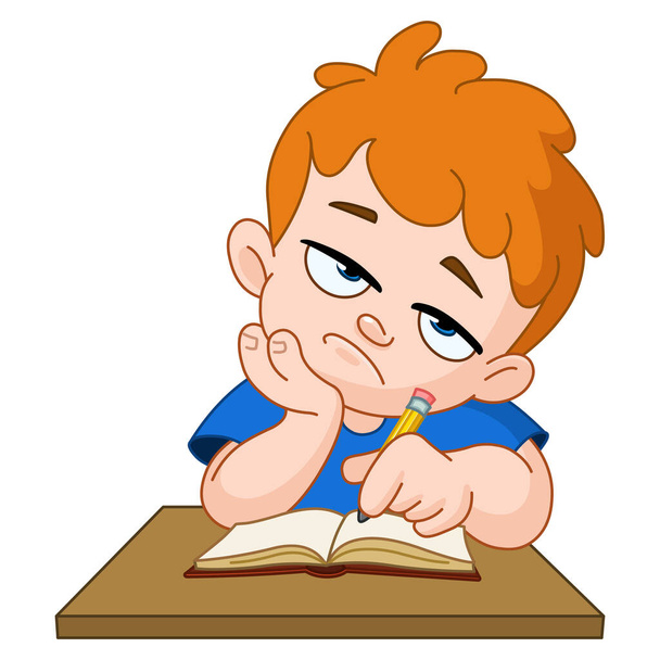 Menino da escola entediado com a mão no rosto sentado na mesa escrevendo em seu caderno - Vetor, Imagem