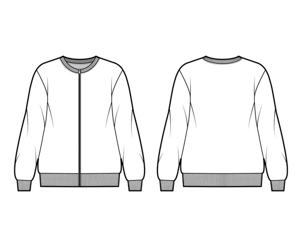 Sweat-shirt oversize zippé coton-éponge illustration de mode technique avec coupe décontractée, encolure ras du cou, manches longues - Vecteur, image
