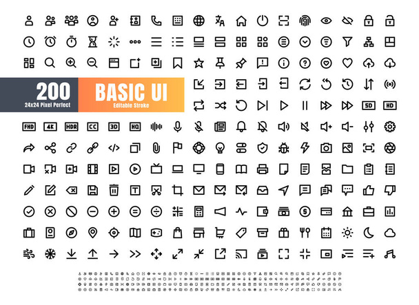 24x24 Pixel Perfect Basic User Interface Essential Set. 200 Line Outline Icons. For App, Web, Print. Editable Stroke - Vector, Image