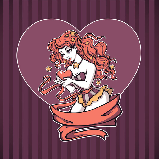 pinup girl fantaisie tenant un cœur, illustration vectorielle pour votre impression sur fond sombre - Vecteur, image
