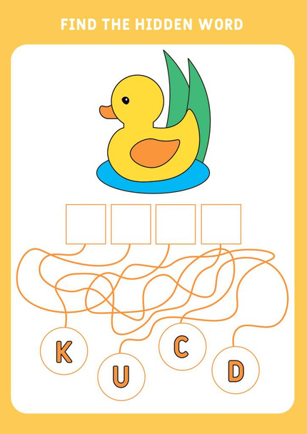 Um jogo de quebra-cabeça educacional com um pouco de patinho. Encontre a palavra escondida - pato. Desenhos animados ilustração vetorial. - Vetor, Imagem