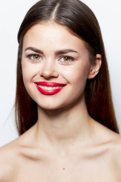 Charming woman Nude shoulders smile red lips studio clear skin  - Fotó, kép