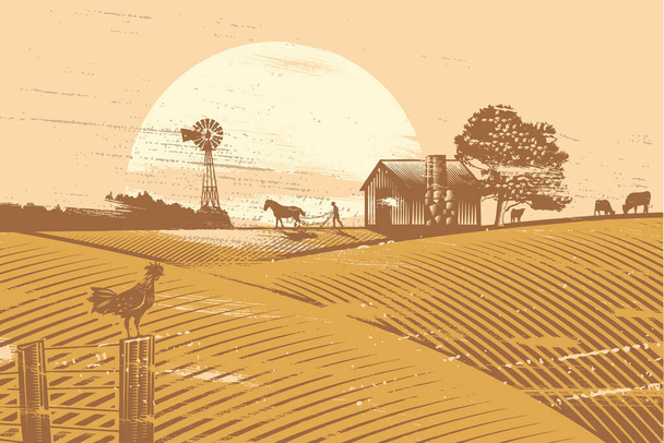 Agricultor y caballo arando en el campo al amanecer - Vector, imagen