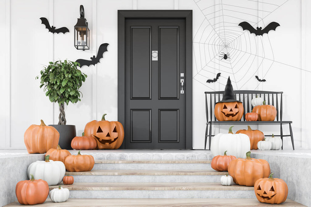 Carved pumpkins, bats and spiders on stairs and bench near modern house with black front door, tree in pot and white walls. Concept of halloween. 3d rendering - Foto, Imagen