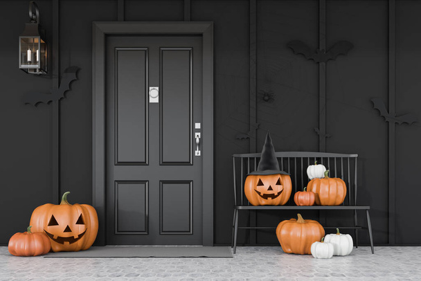 Carved pumpkins, bats and spiders near black front door of modern house with black walls and black bench. Concept of halloween. 3d rendering - Fotografie, Obrázek