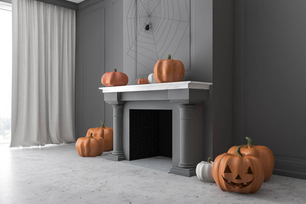 Corner of modern room with gray walls, concrete floor and gray fireplace with carved pumpkins on it. Concept of Halloween. 3d rendering - Foto, Bild