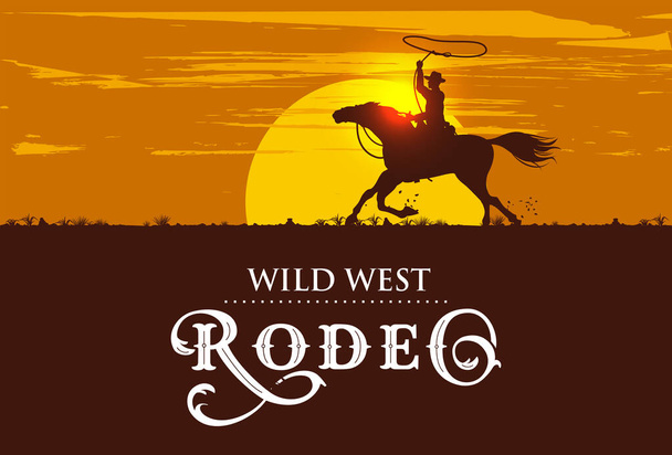 Silhueta de um cowboy equitação cavalo ao pôr-do-sol, vetor - Vetor, Imagem