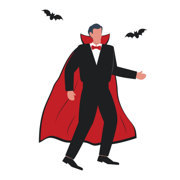 Un uomo in costume da vampiro ad una festa di Halloween. Ci sono anche pipistrelli nella foto. Illustrazione vettoriale - Vettoriali, immagini