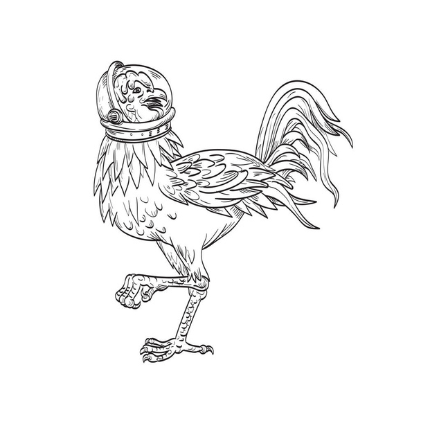 Ilustración al estilo ukiyo-e o ukiyo de un basabasa o inuhoo, un ave parecida a un ave de la mitología japonesa y folclore como un gallo con un casco espacial de pie en blanco y negro. - Vector, imagen