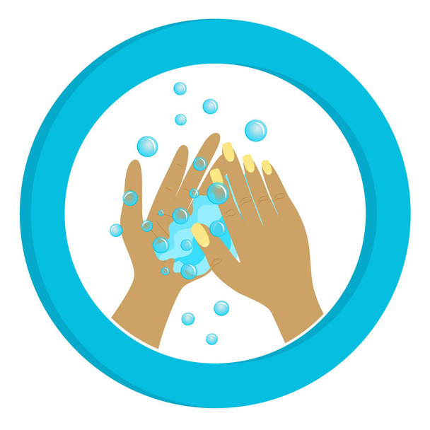 石鹸に手と泡が白い背景に隔離されています。手の清潔さの重要性についてバスルームのステッカーとして使用するための手の周りの青い円. - ベクター画像